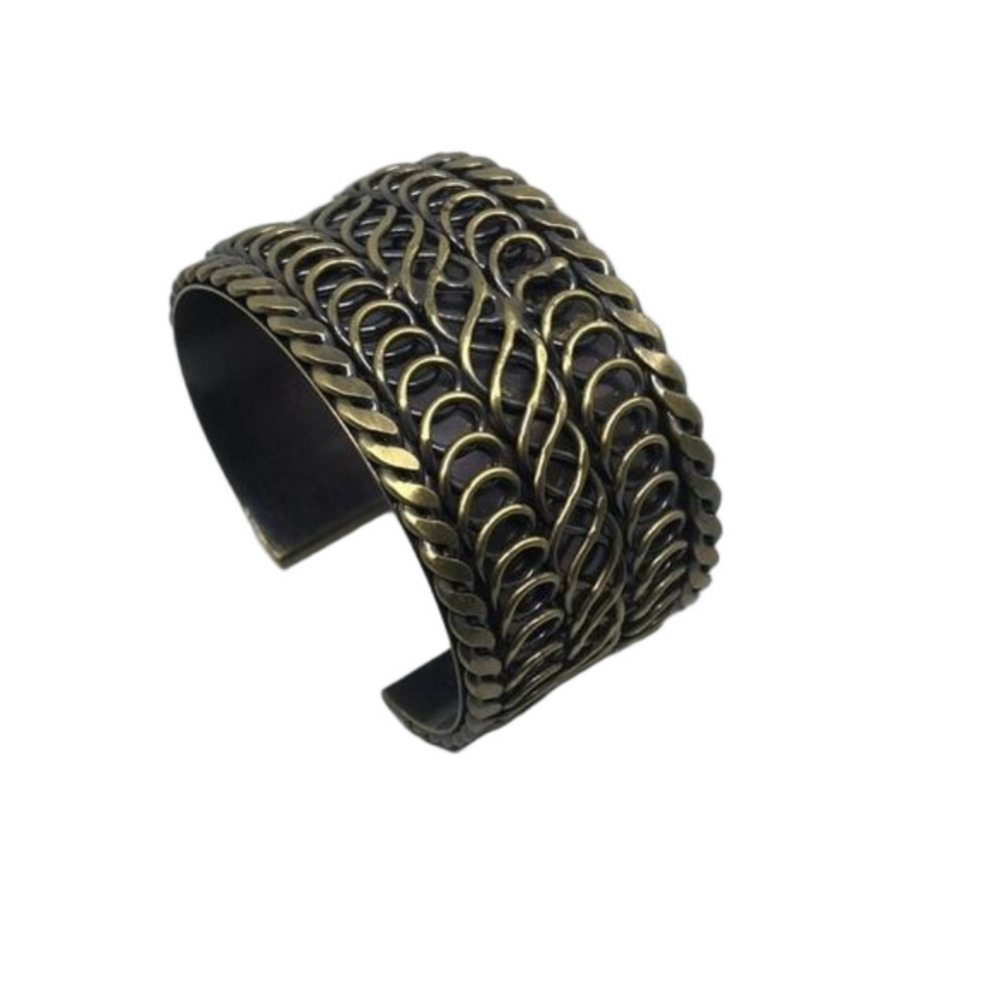 Antique gold tone brass cuff wide textured trendy statement dressy bracelet.